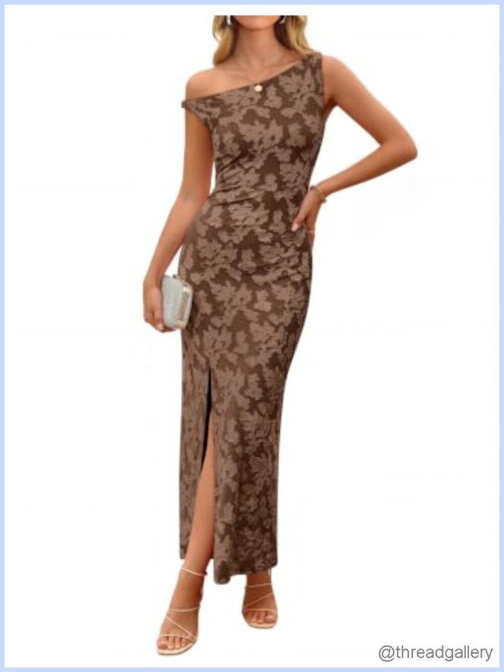 One Shoulder Floral Bodycon Midi Dress Sleeveless Front Slit